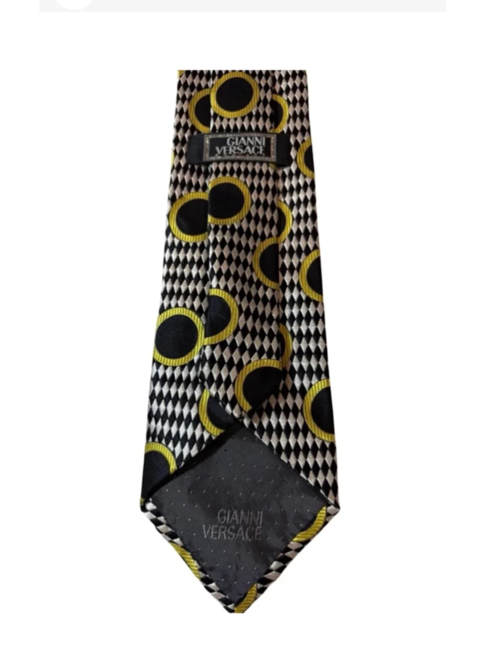 Gianni Versace Geometric Circle Silk Tie Black Gold Harlequin Italy 90s
